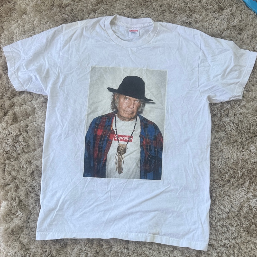 Supreme White Tee with Black Hat Graphic